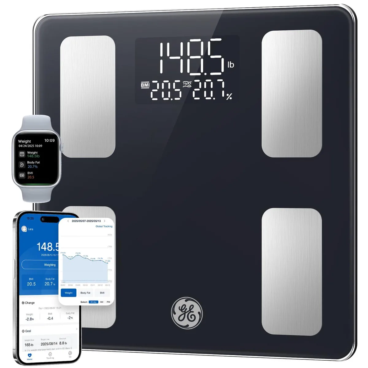Black square glass bath scale with large LED display