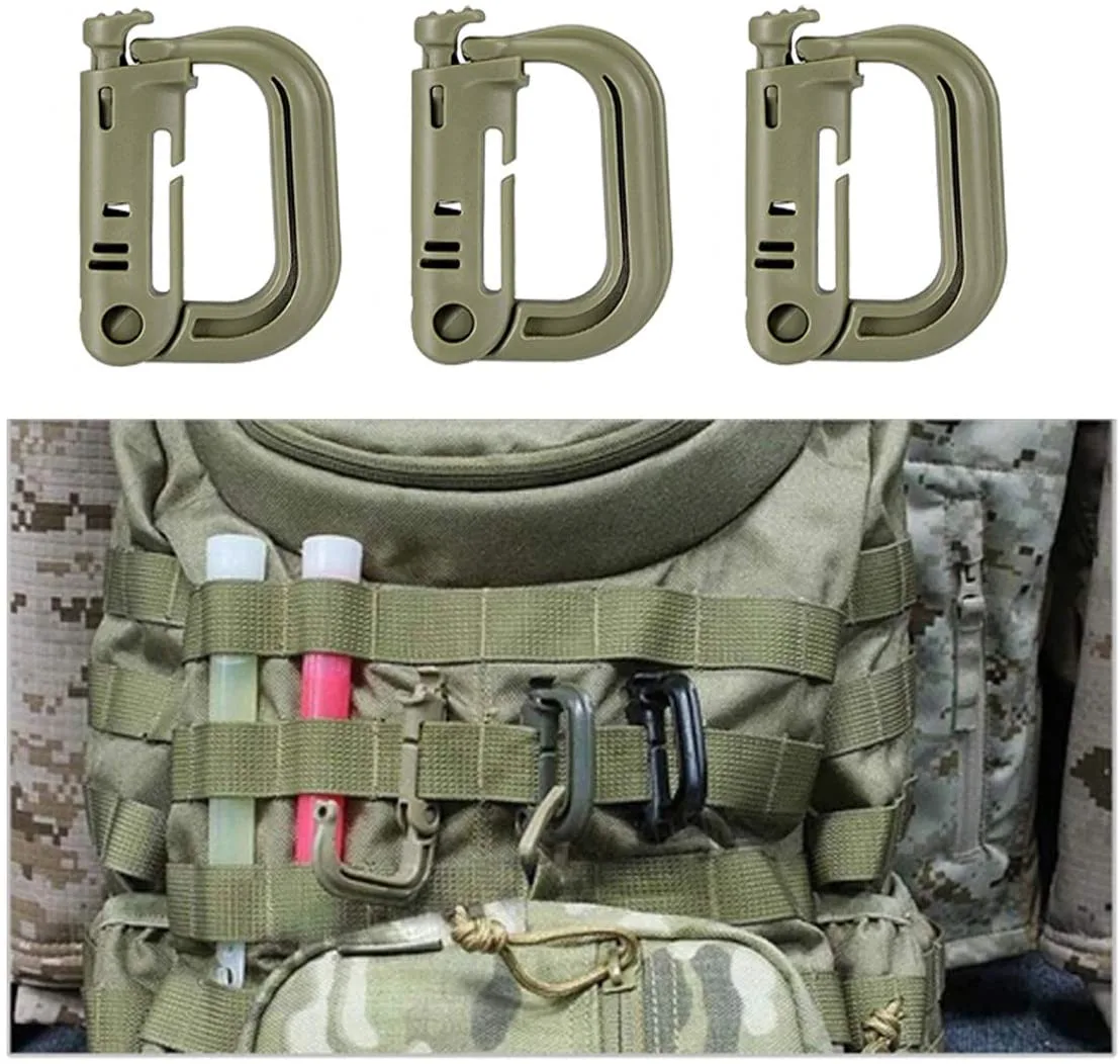 Ten dark-green plastic D-ring Grimlock clips with locking gates, each about 2.1 by 1.4 inches, opens to 1 inch