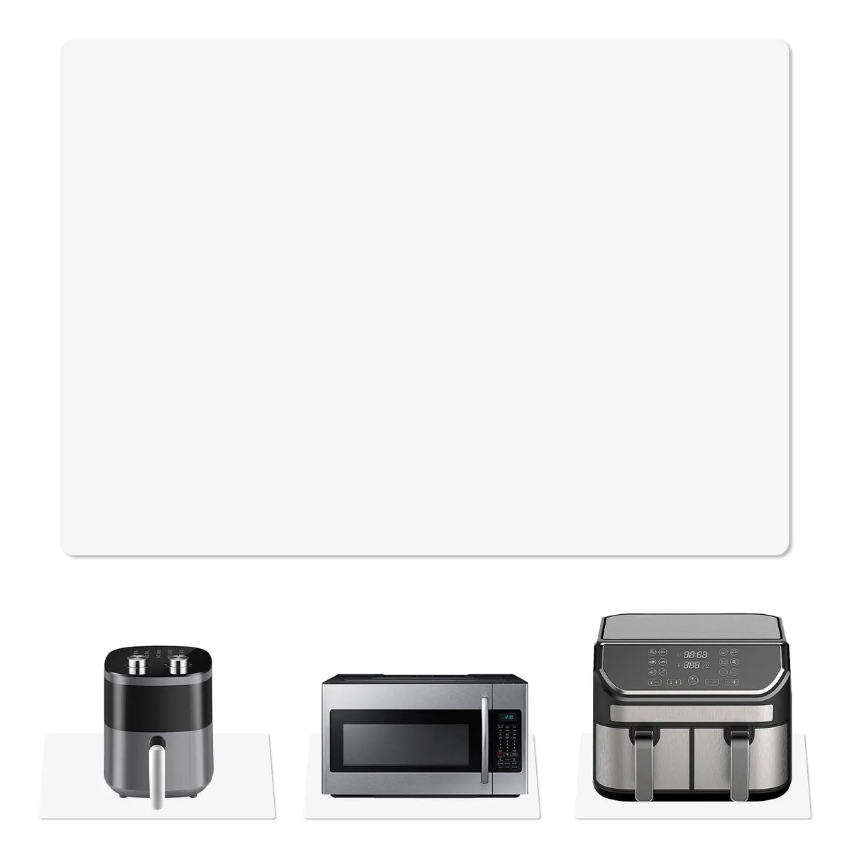 White translucent silicone mat, 18.9 by 14.57 cm, 2 mm thick, lying flat on countertop