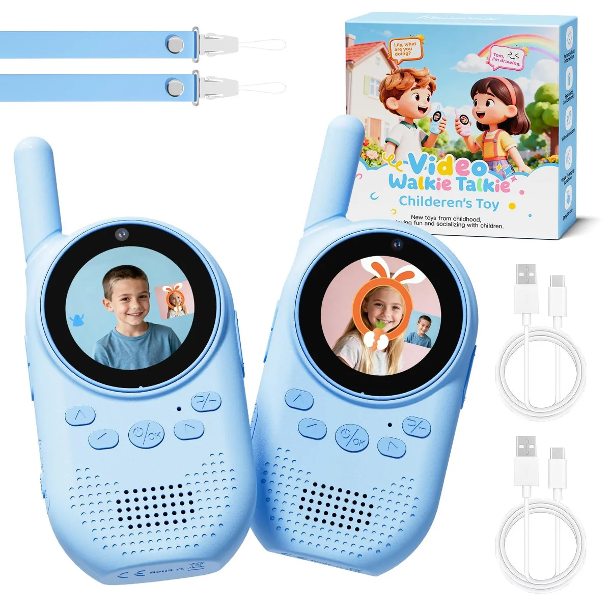 Two blue handheld radios with screens and cameras side by side