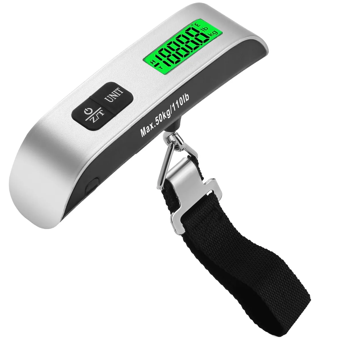 Grey handheld digital luggage scale with backlit LCD screen and nylon strap with steel hook