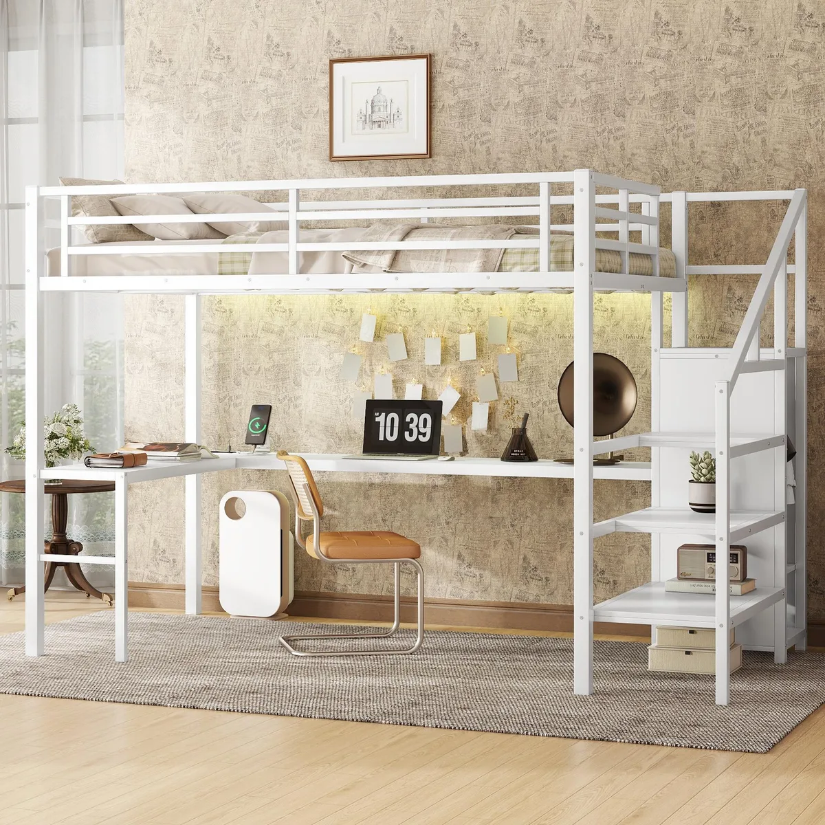 White metal loft bed with L-shaped desk, wardrobe and stairs