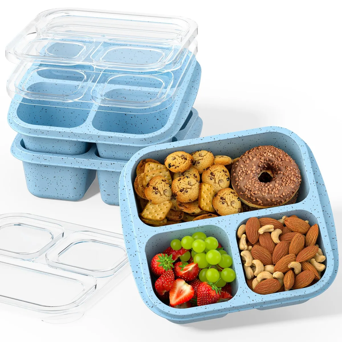 Three blue stackable bento boxes with three compartments each