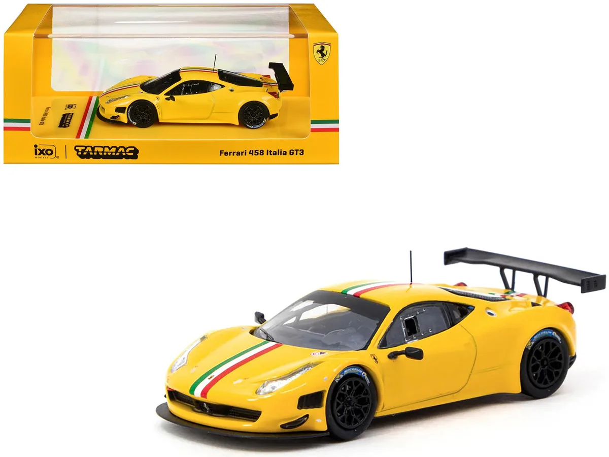 Tarmac Works Tarmac Works Ferrari 458 Italia GT3 Yellow Italian Flag Stripes Road64 1/64 Diecast Hobby Collectible — product photo