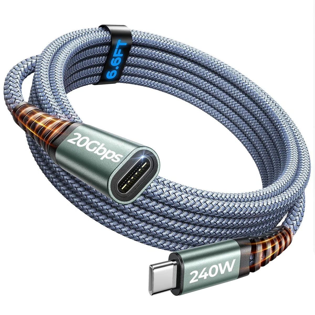 Grey nylon-braided USB-C extension cable male-to-female 6.6ft