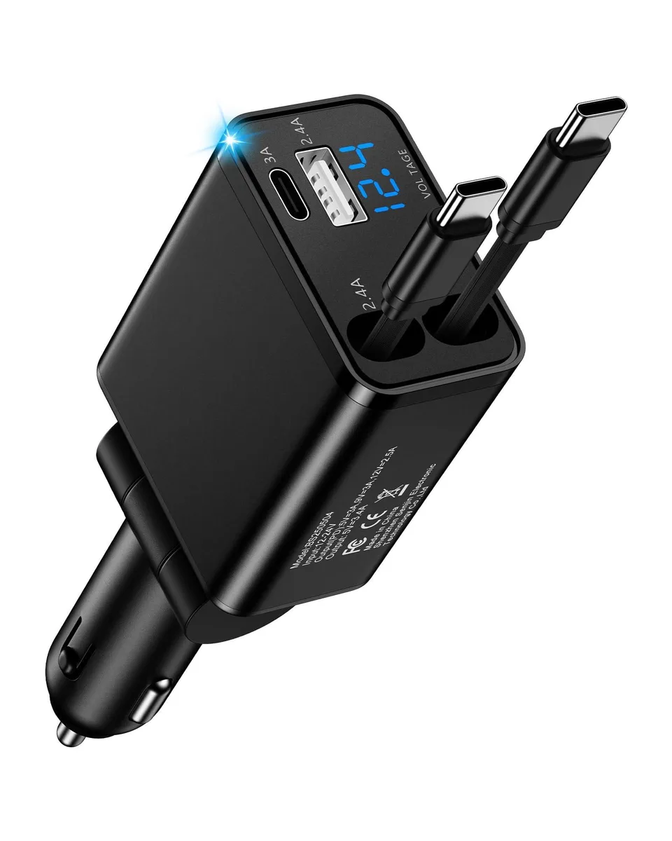  AILKIN BS250504 4-in-1 USB C car charger with 2 retractable cables — product photo