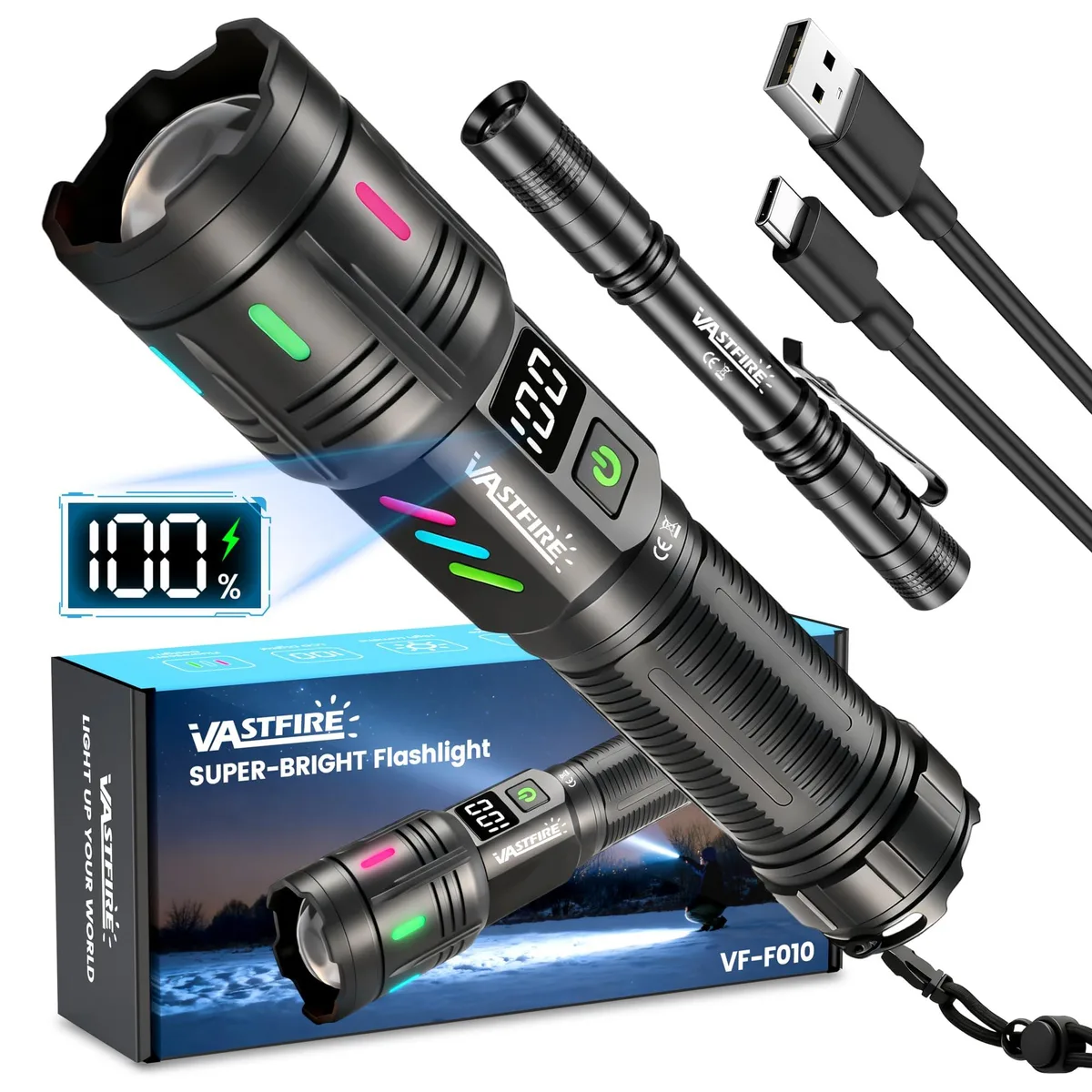 Silver aluminium flashlight with LCD screen and pocket clip, 5.12 inches long