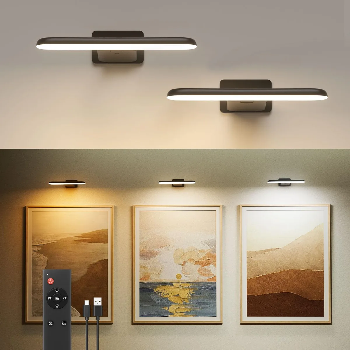 Two white acrylic picture lights with clear prismatic glass, USB cables and remote control