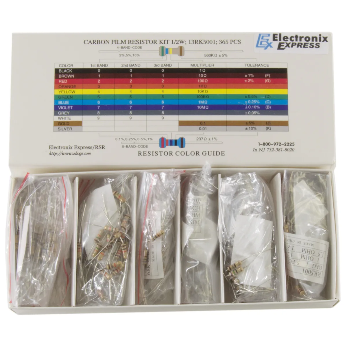 Cardboard box with slotted compartments holding 365 half-watt resistors and a printed color guide