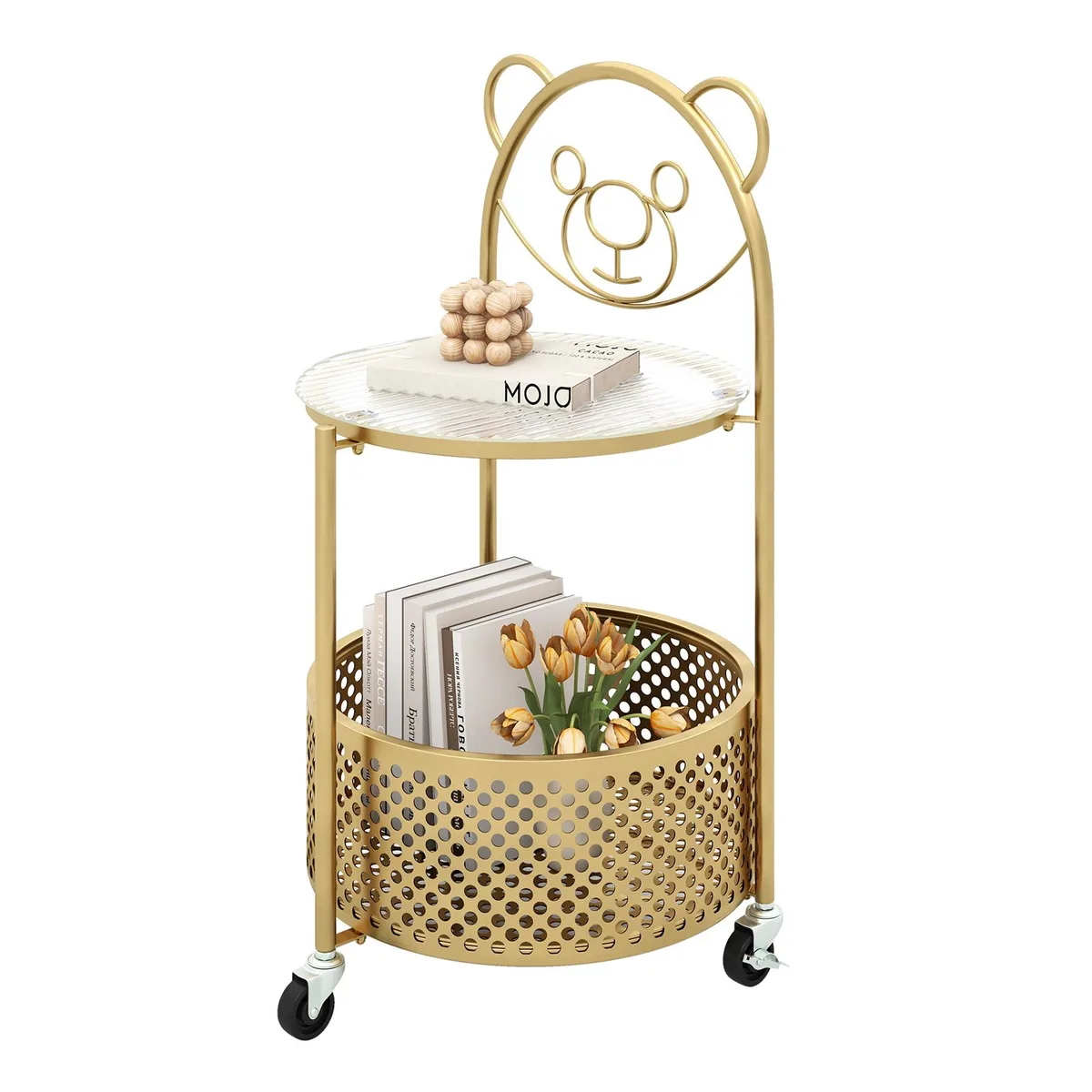 Gold metal frame side table with clear glass top and lower basket on lockable wheels