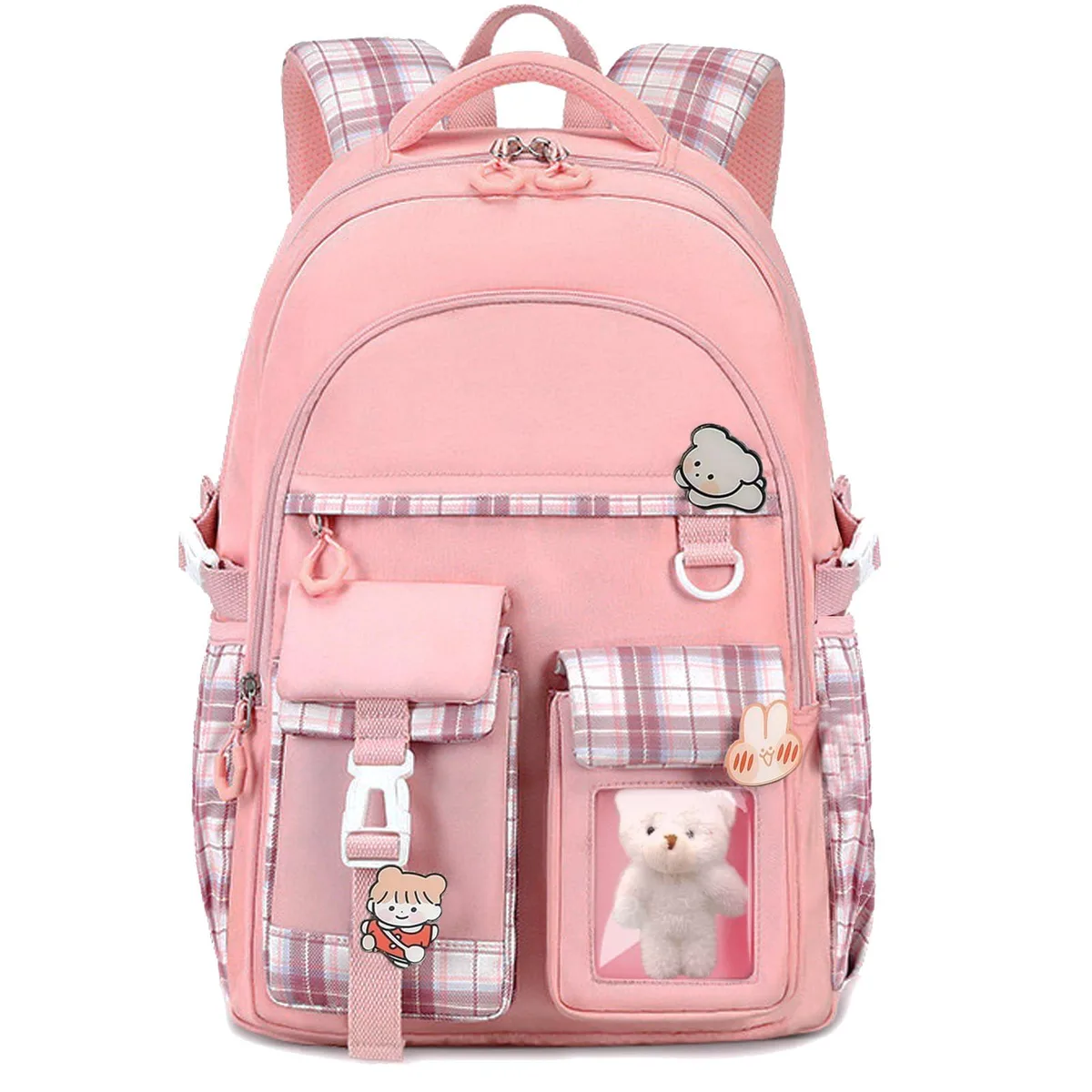 Pink polyester cartoon backpack, rectangular shape, front zip pockets, padded straps, clear window pocket
