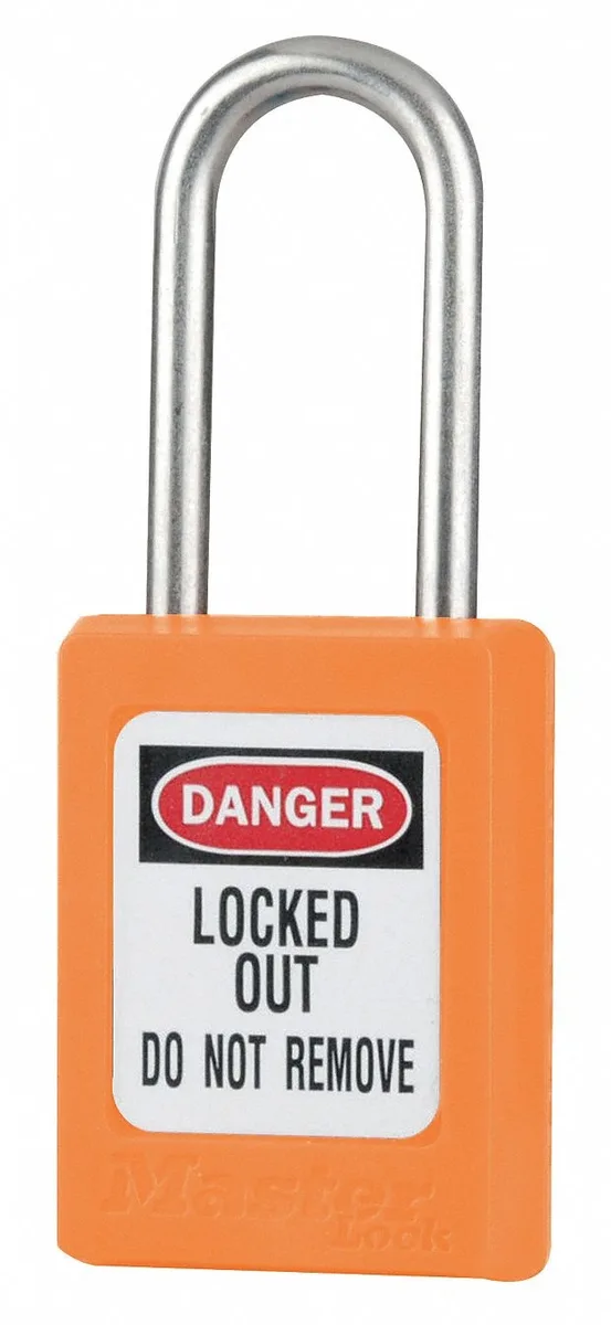 Orange thermoplastic safety padlock with stainless steel shackle and two keys