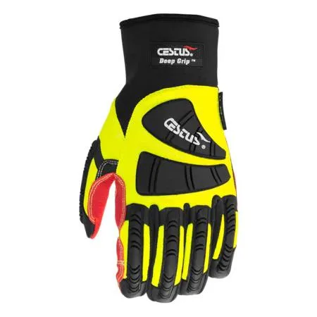 Pair of XL Deep Grip work gloves with flexible impact shields, oil-resistant palm and long neoprene cuff