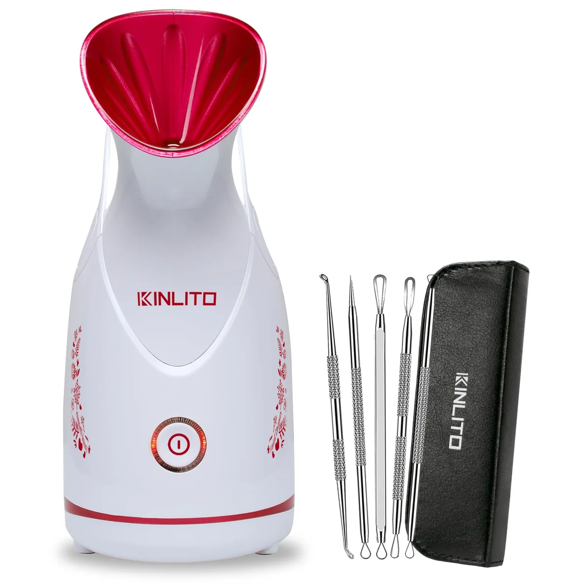 Red compact facial steamer with water tank and mist nozzle