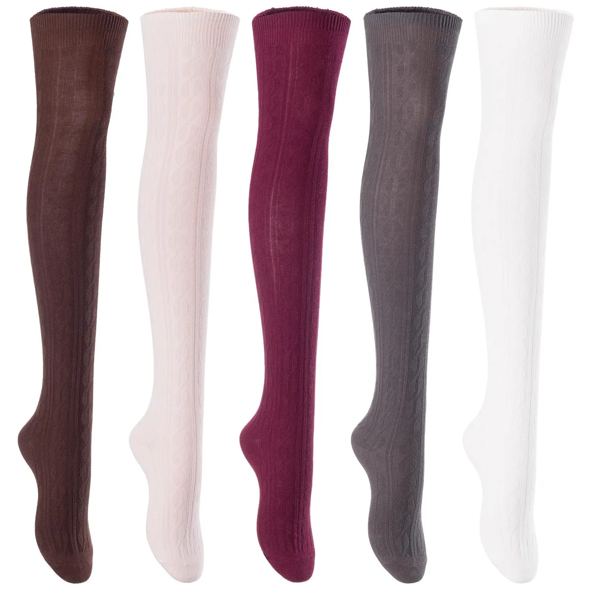 Five pairs of thigh-high cotton socks in coffee, beige, wine, dark green and cream