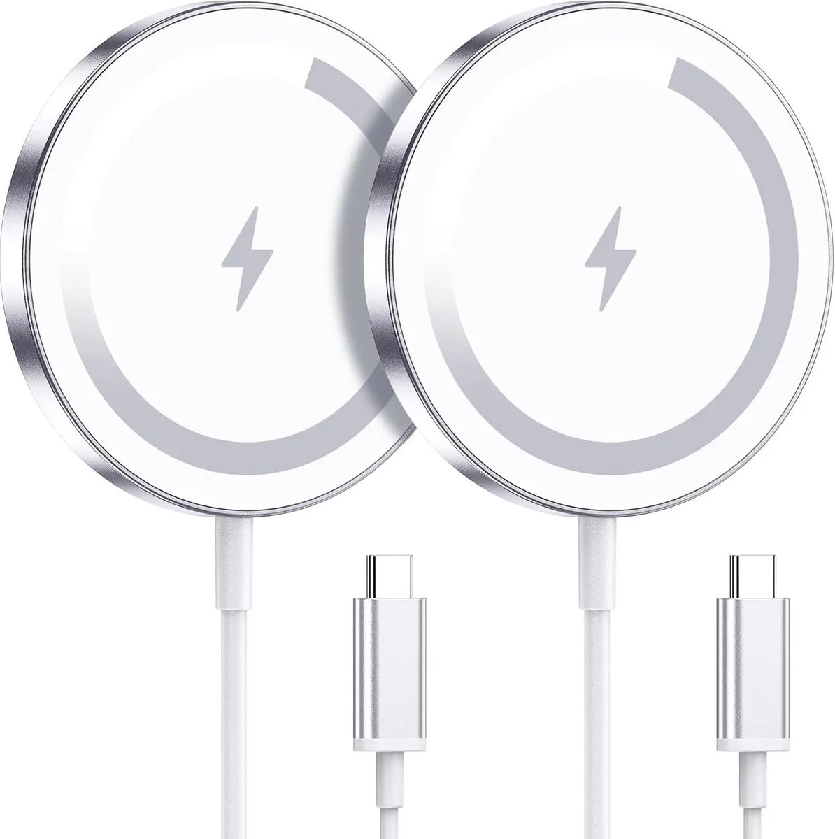 Two silver circular MagSafe wireless charging pads side by side