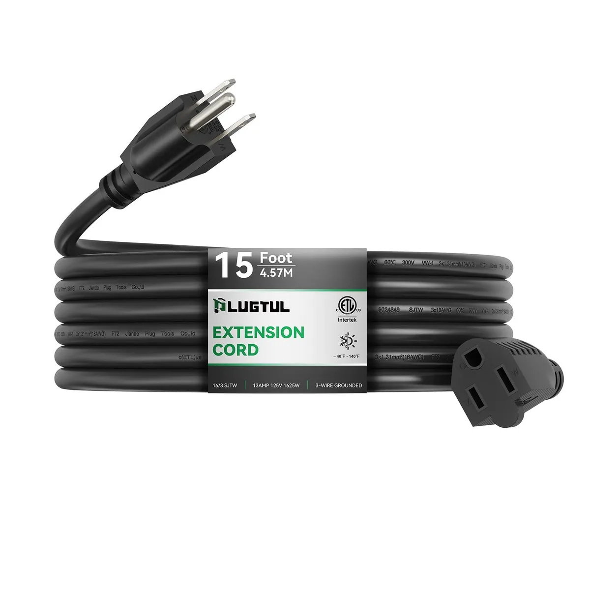 PLUGTUL 16/3 Gauge 15ft Black Power Extension Cord — product photo