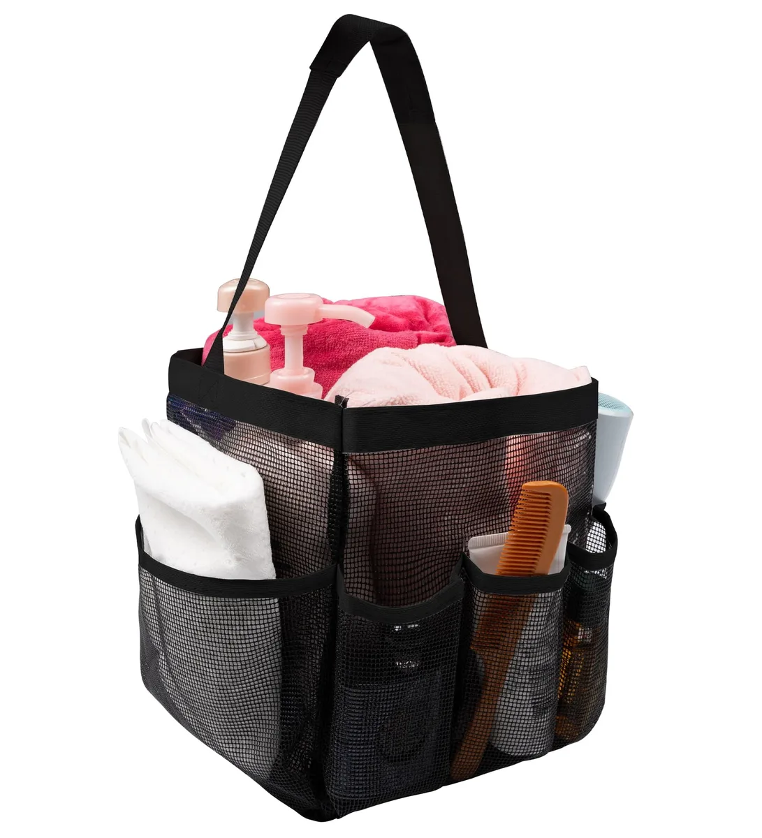 Black mesh shower caddy with eight pockets and a hanging handle