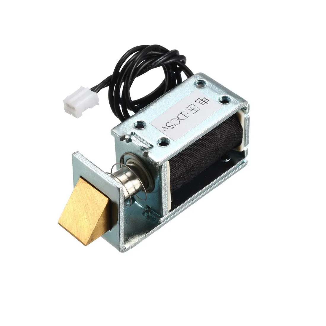 Small open-frame DC solenoid lock, silver metal body with protruding plunger, 31 by 20 by 16mm