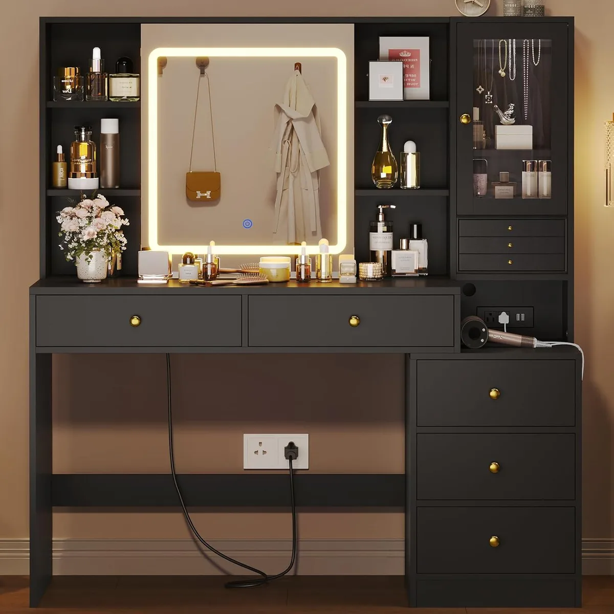 BFKK BFKK Bedroom Set with Sliding LED Mirror, 5 Drawers, Black — product photo
