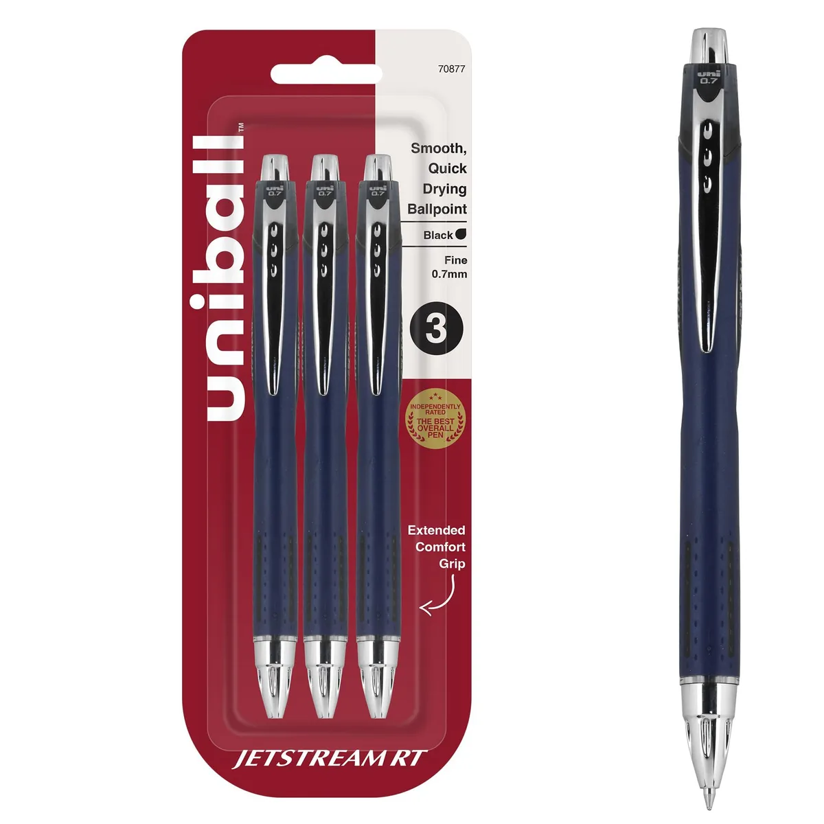 Three black ballpoint pens with plastic barrels and stainless steel accents