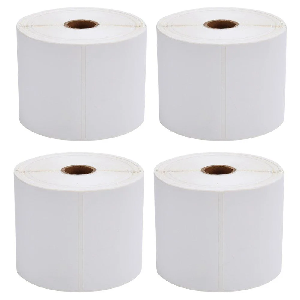 Four rolls of white 4x6 inch direct thermal shipping labels with adhesive backing