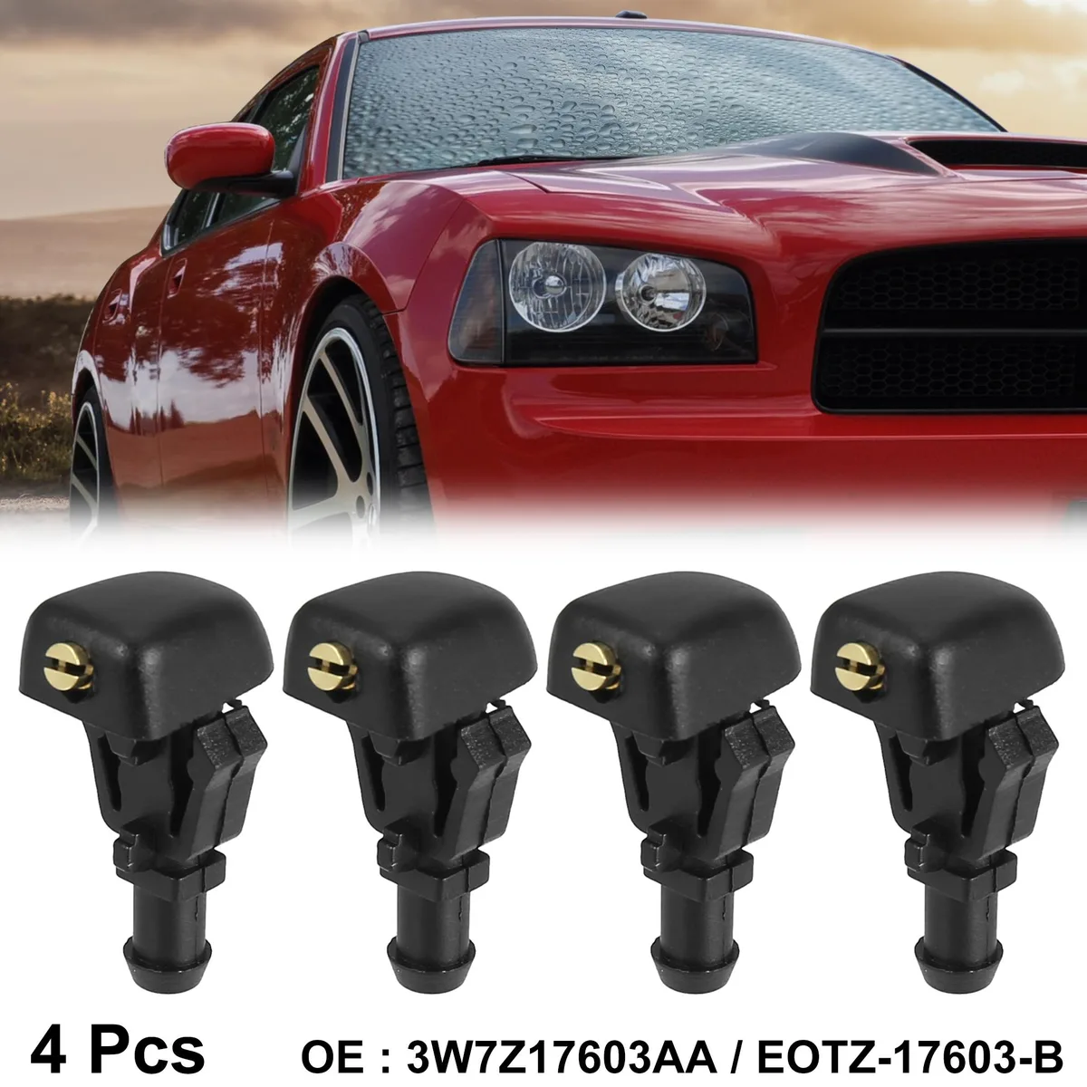 Four black plastic windshield washer nozzles with rubber hose connections
