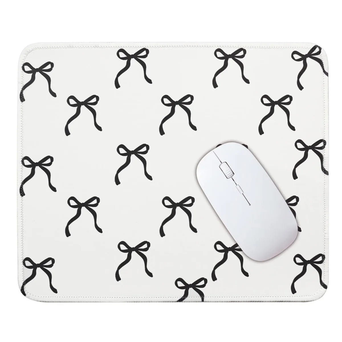 Rectangular black mouse pad with bow pattern, stitched edges, non-slip rubber base