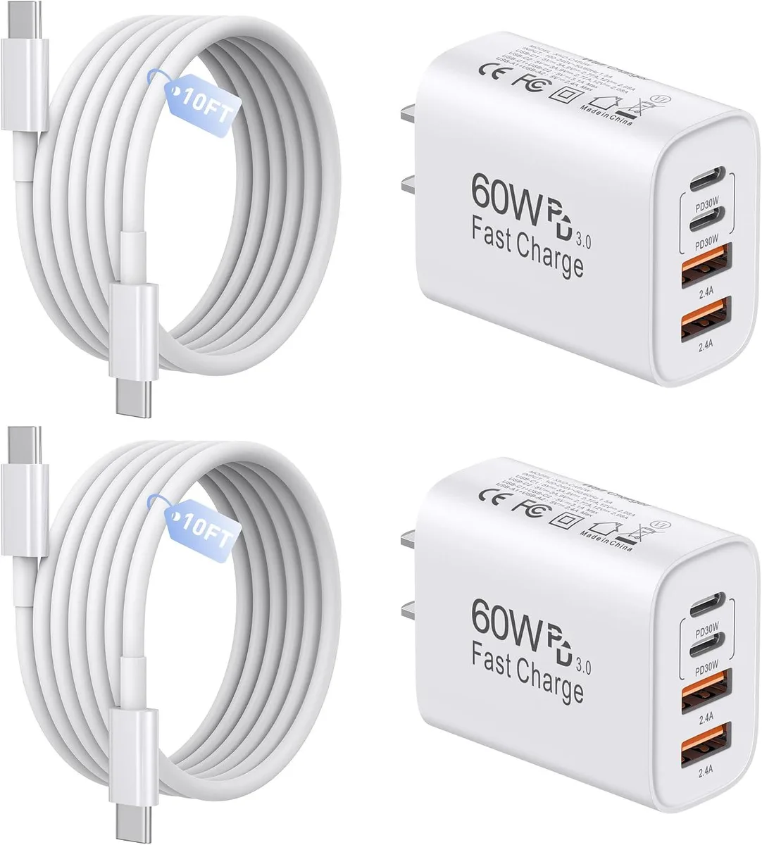 Kootion Kootion 60W 4-Port USB-A/USB-C Charger 2-Pack with 10ft Cable — product photo