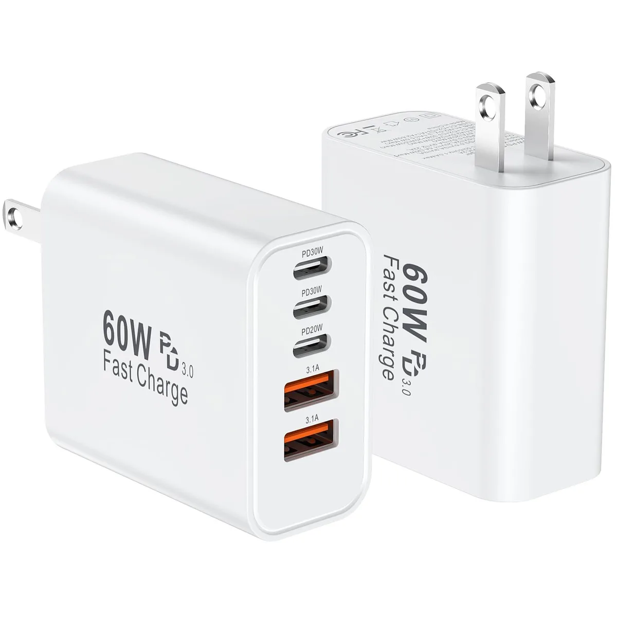  Ubearkk XHD-4520 60W 5-port USB charger 3 USB-C 2 USB-A white 2-pack — product photo