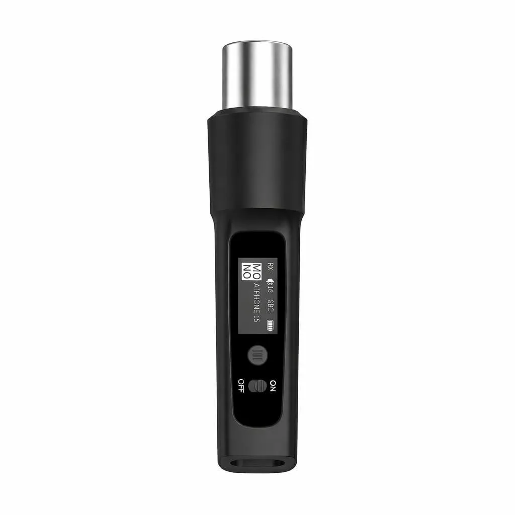 Small black rectangular XLR Bluetooth receiver with OLED display