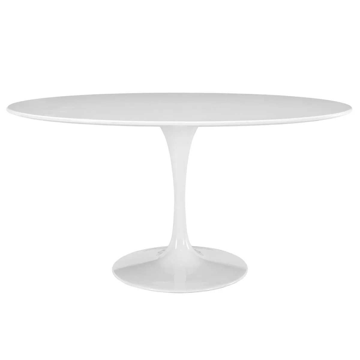 White oval dining table on tapered powder-coated metal base