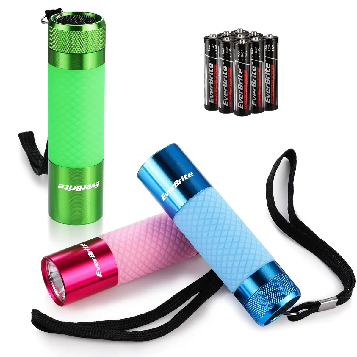 Three small blue rectangular flashlights with mesh handles and lanyards