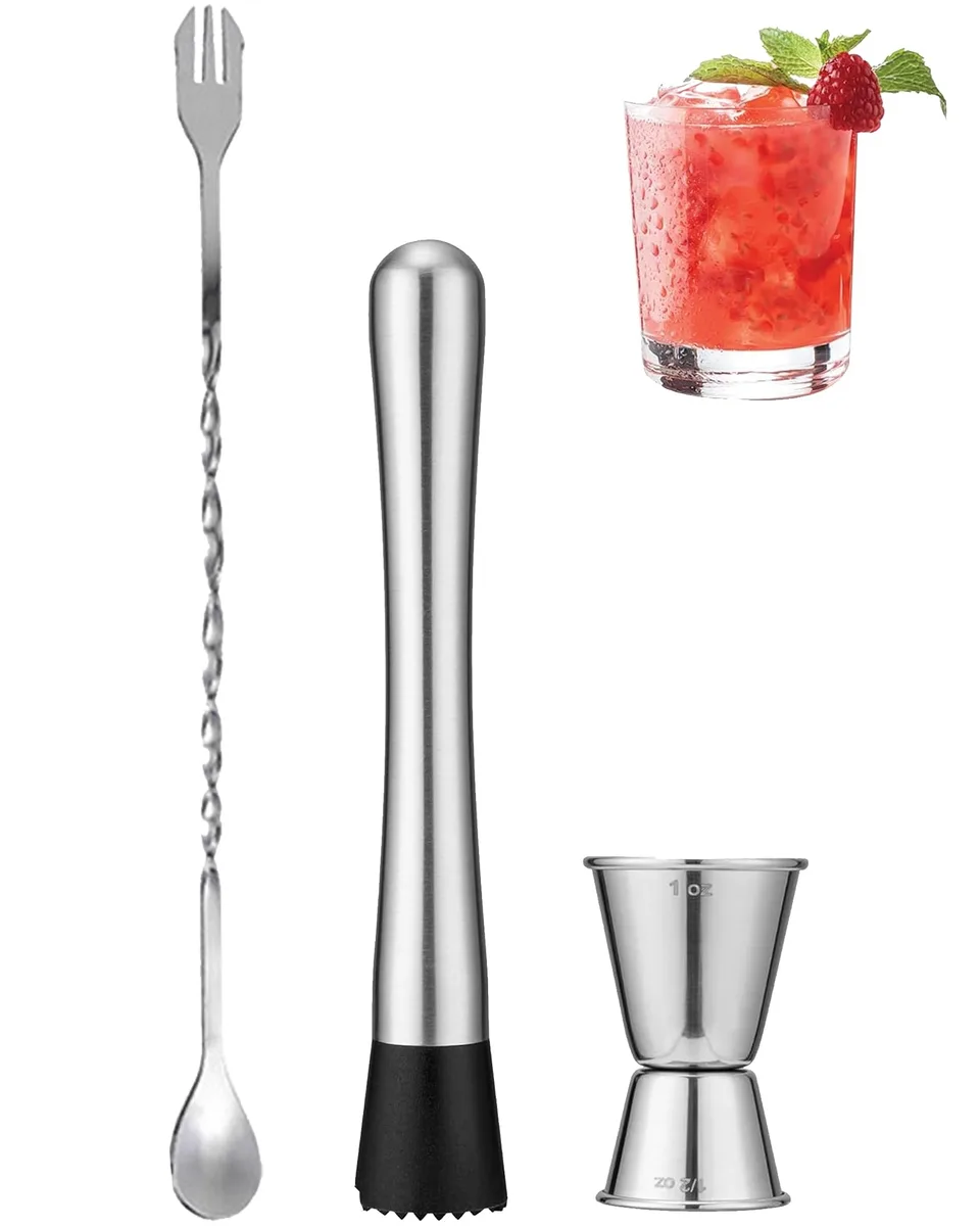 Black floral stainless steel bar tool set with muddler, mixing spoon and jigger