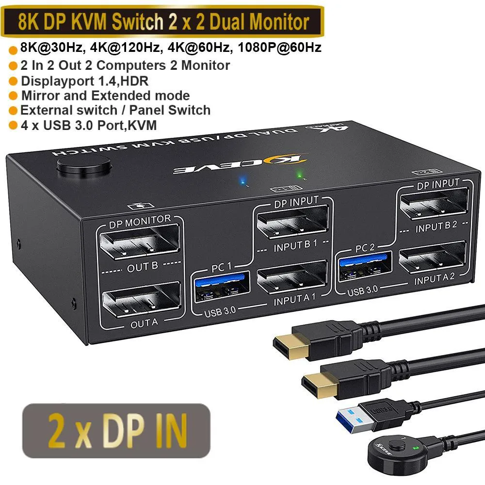 WRIARICH WRIARICH USB 3.0 DP KVM Switch 2 PC 2 Monitors 8K@30Hz 4K@144Hz 4 USB 3.0 Ports — product photo