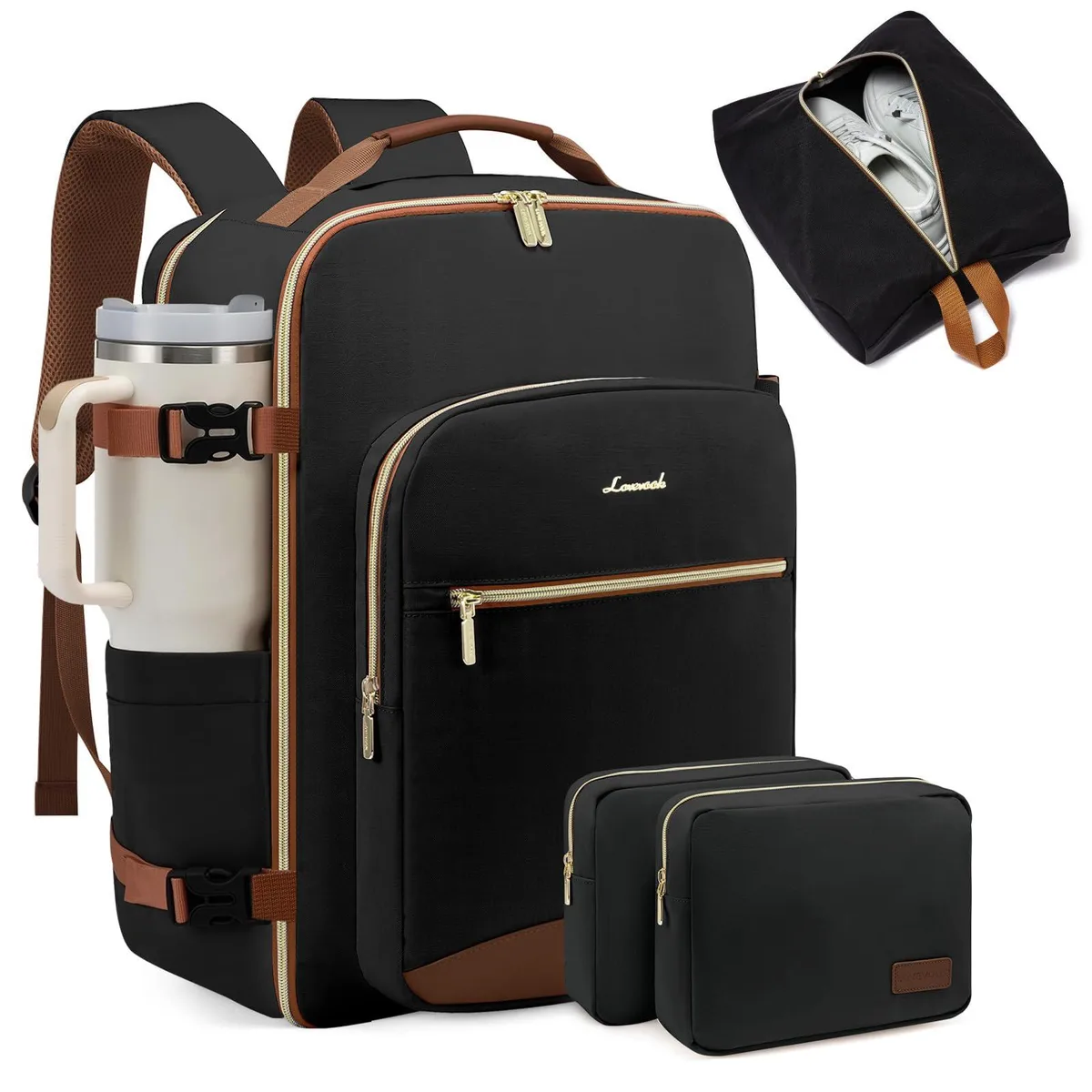 Black-brown 40L nylon travel backpack with padded straps and luggage pass-through, 18x14x8 in