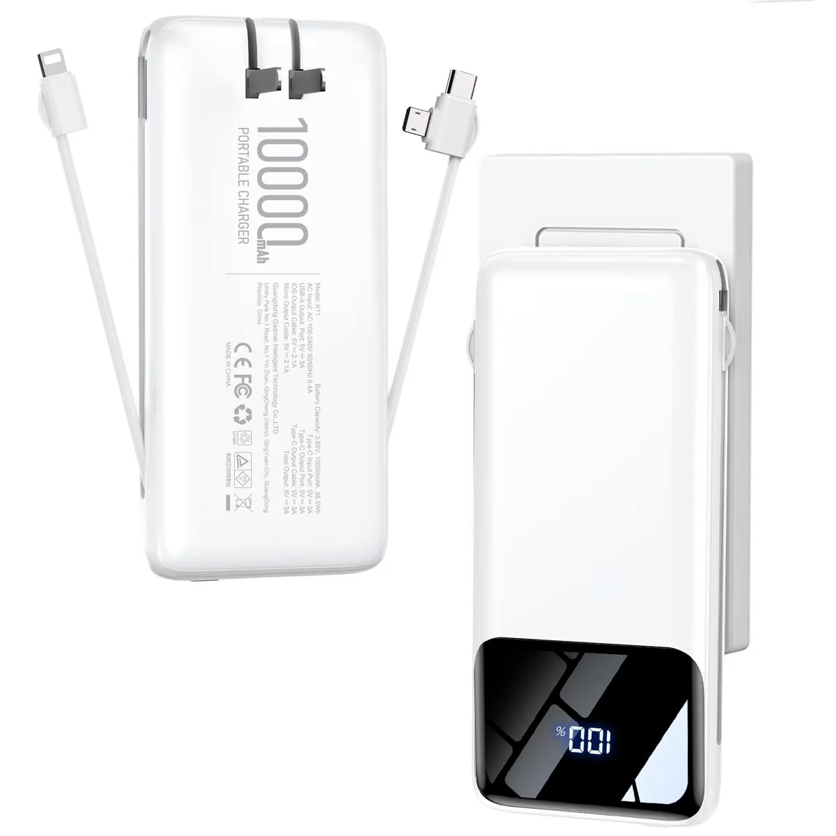  HYUCKOT K11 power bank 10000mAh built-in cables wall plug — product photo