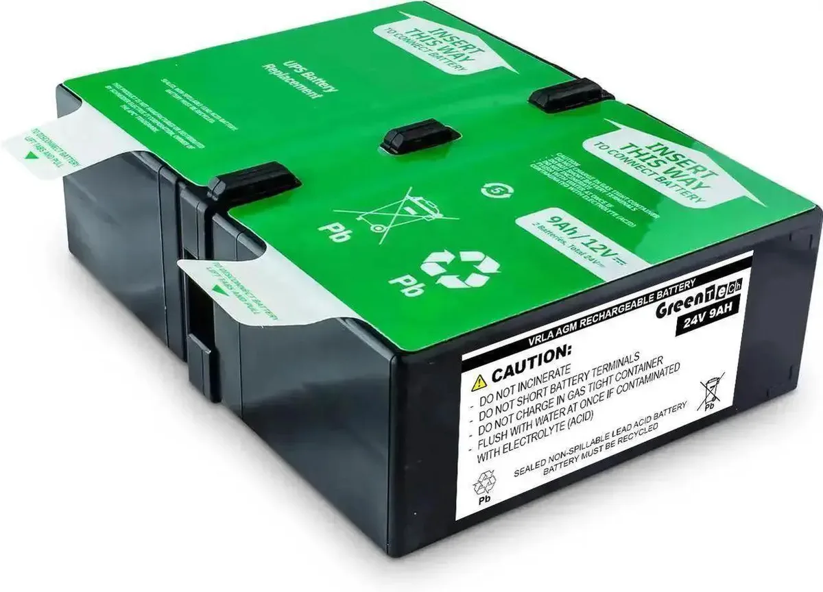 Rectangular sealed lead-acid battery cartridge, black plastic casing, F2 terminals, 6 by 8 by 3 inches
