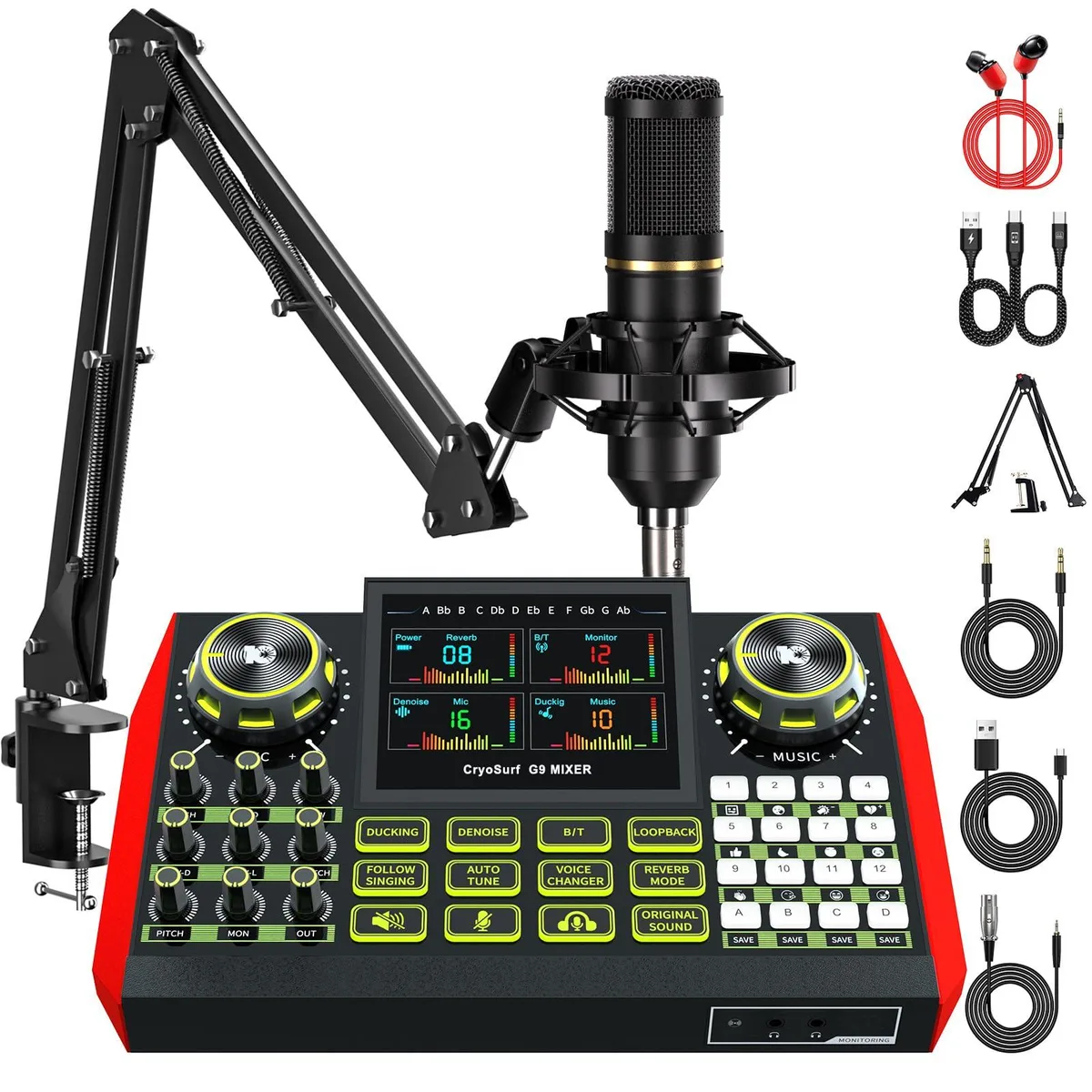 G9 podcast bundle with condenser mic on boom arm, mixer, sound card and sound board