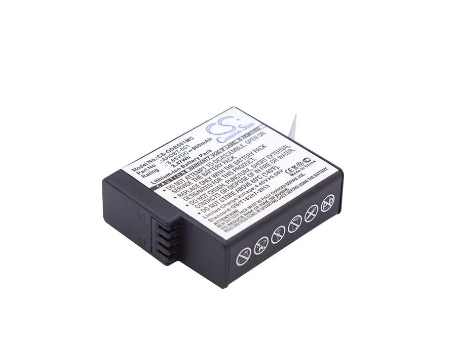 Black rectangular lithium-ion camera battery with flat contacts on one end