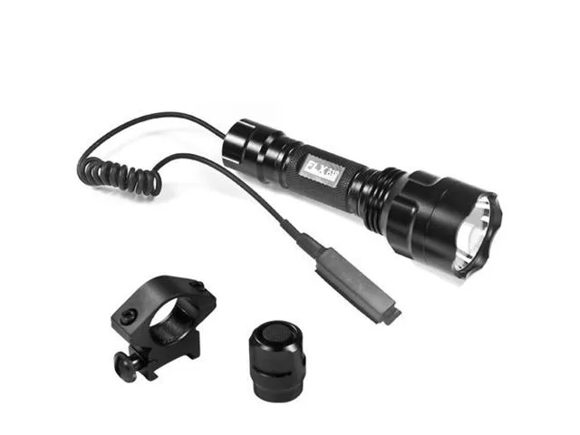 Black cylindrical LED flashlight with textured grip, beveled edge, pressure switch and Weaver mount ring