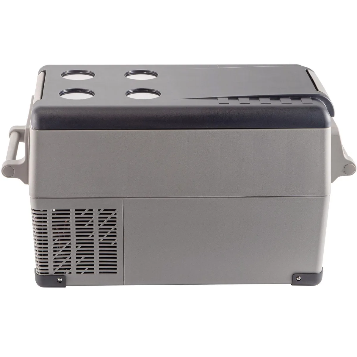 Rectangular portable fridge in grey with dual lids digital display and side handles