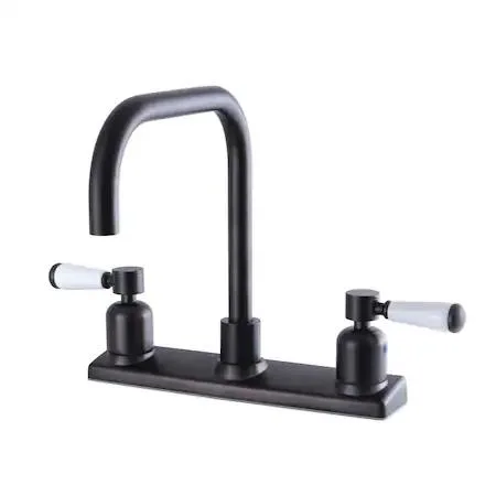 Oil-rubbed bronze centerset kitchen faucet with porcelain lever handles