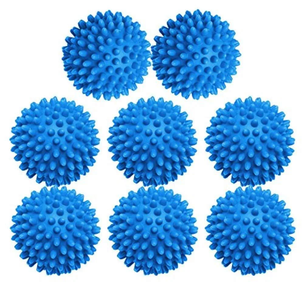 Eight blue silicone dryer balls with textured spikes, 2.7 inches each