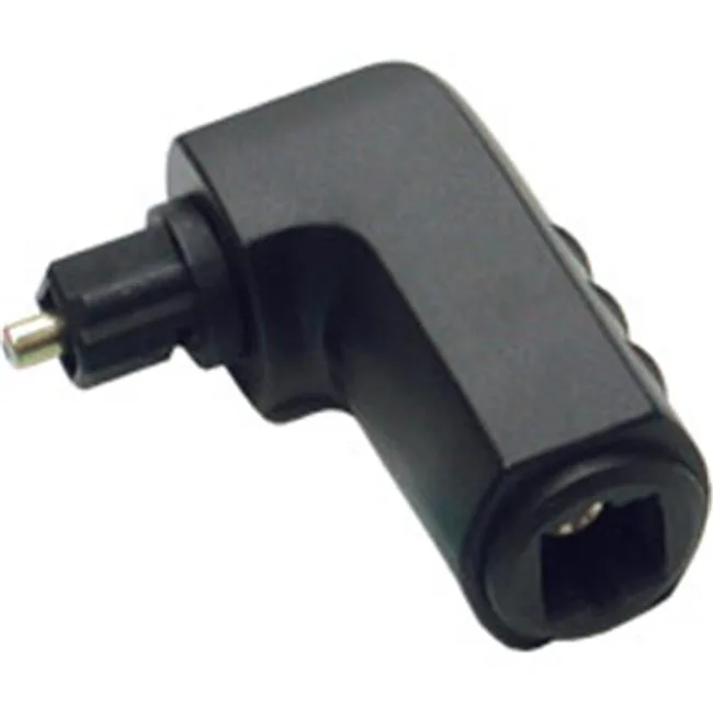 Black right-angle Toslink port saver adapter, male to female, PVC body, gold connectors