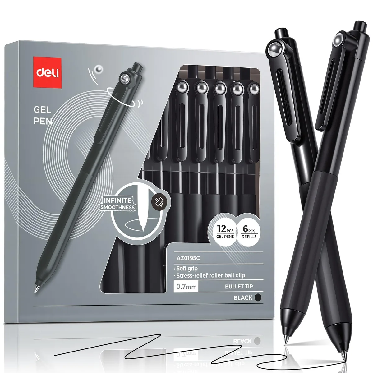  Deli Gel Pens 12 Pack 0.7mm Black with 6 Refills — product photo