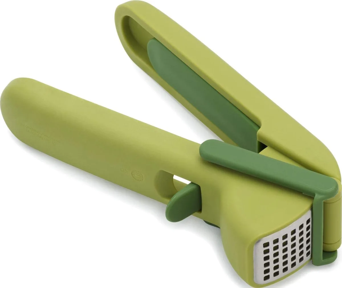 Green garlic press with trigger wiper and stored cleaning tool, 6.3 inches long