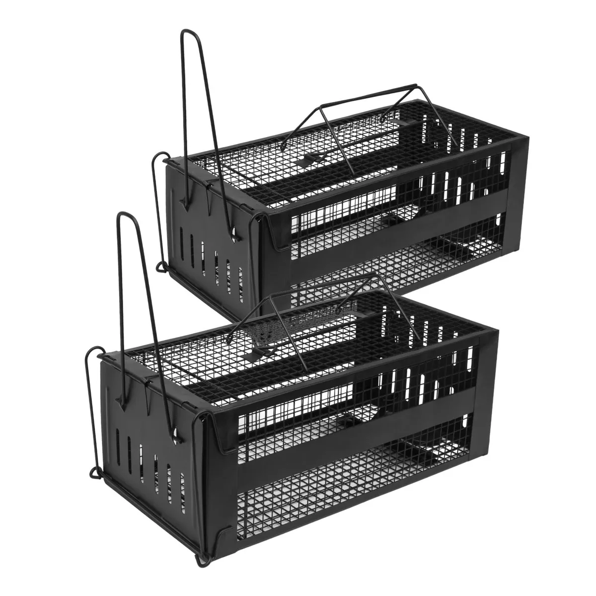 Black rectangular live-catch trap with mesh sides and spring door, two pack