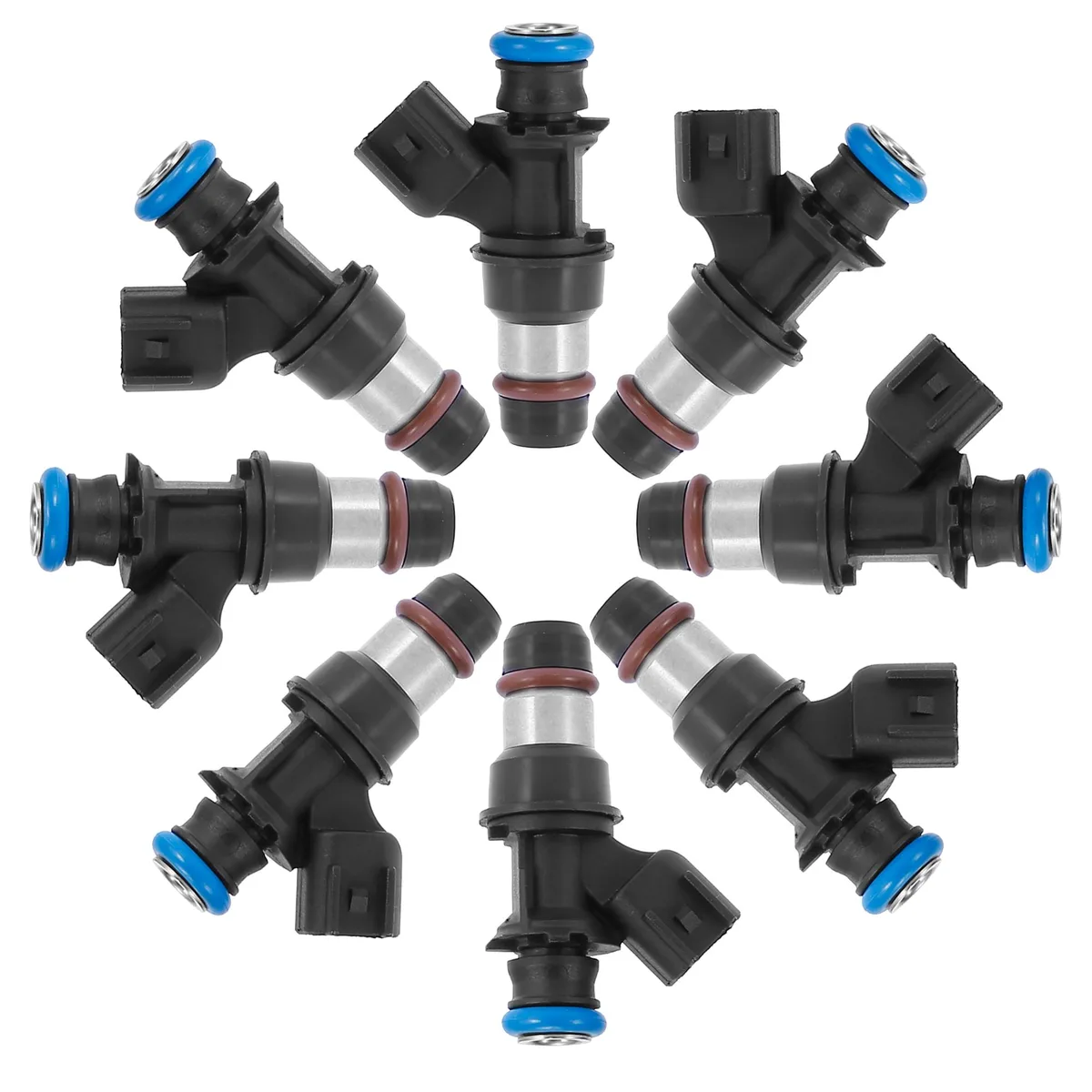 Eight new black metal and plastic fuel injectors with preinstalled O-rings arranged on a light surface