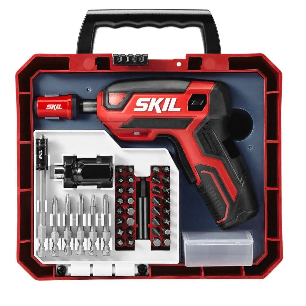 Skil 4V cordless pistol grip screwdriver with 42 piece bit set and carrying case